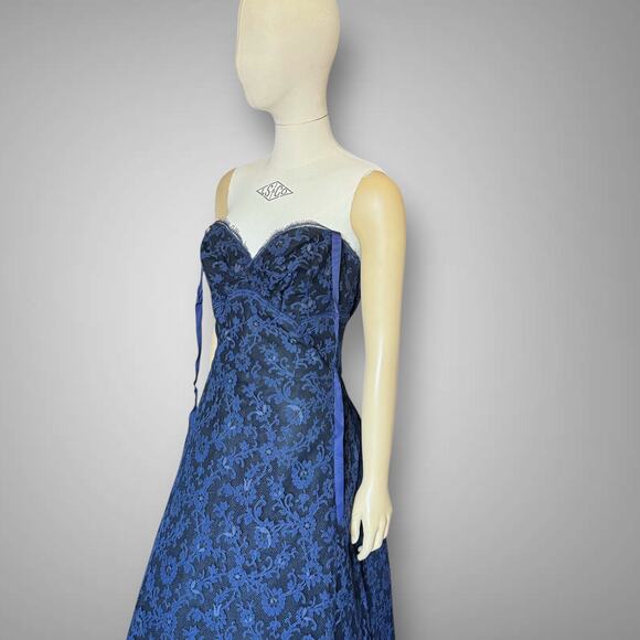 Vintage 1950s Dark Blue Lace Party Dress Ribbon Strap w Bolero Prom Gown 2pc - Picture 9 of 16